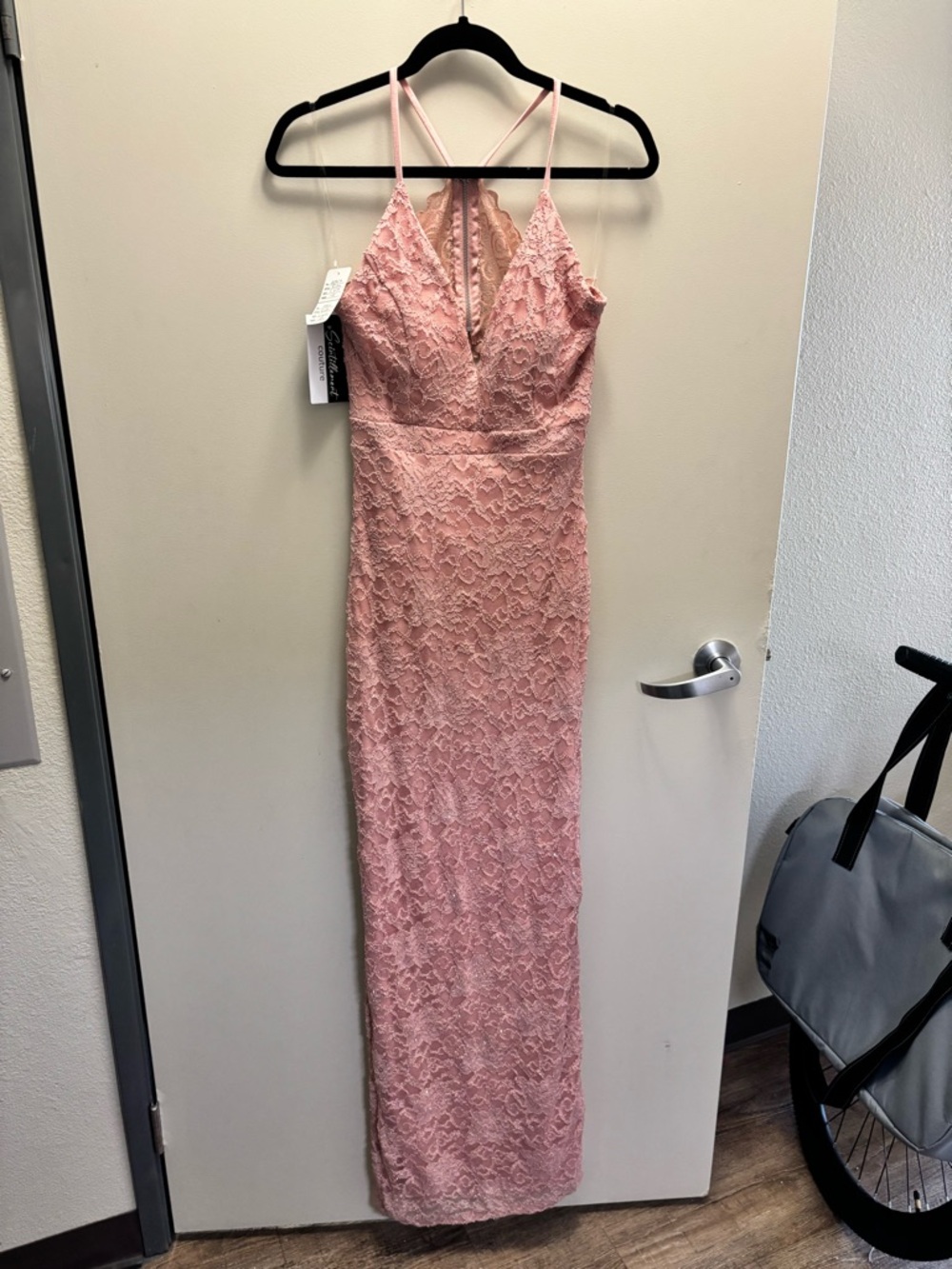 NWT Blush Lace Maxi Dress with V-Neck and Spaghetti Straps